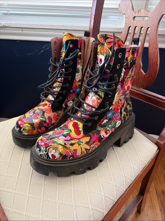 Betsey Johnson Shoes - Betsey Johnson Black Pink Red Multi Floral Graphic Lace-Up Combat Boots